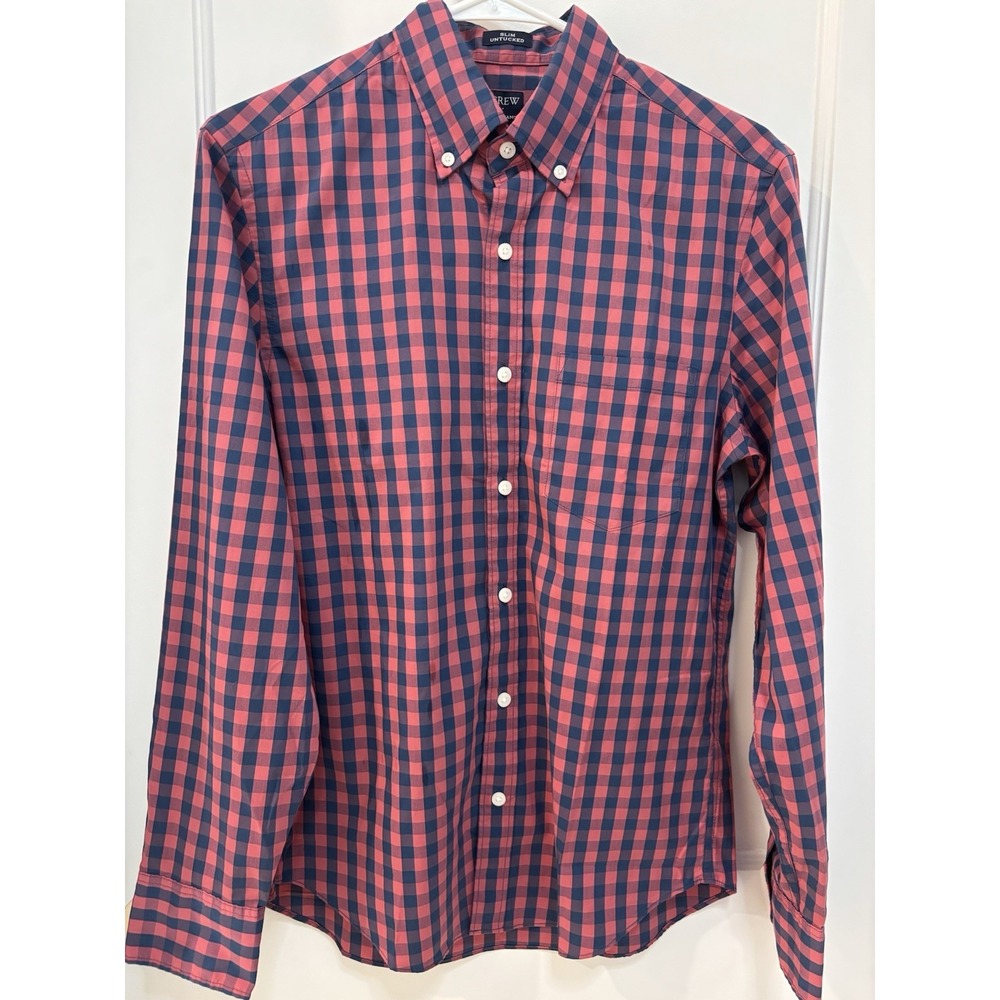 J.Crew Mens Slim Untucked Button-Down Shirt Gingham Checkered‎ Coral Navy